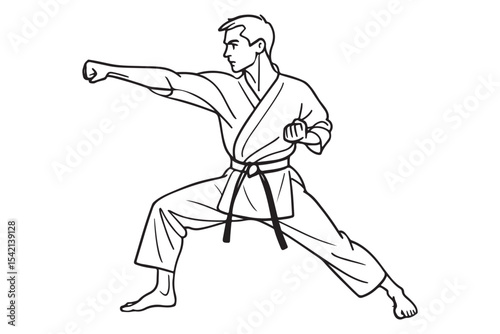 Line art of a martial artist in a powerful stance, striking with confidence, showcasing strength and discipline in a minimalist design.