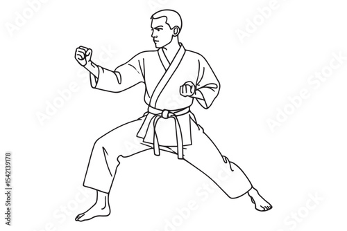Simple line drawing of a martial artist in fighting pose, demonstrating skill and focus, black and white karate illustration.