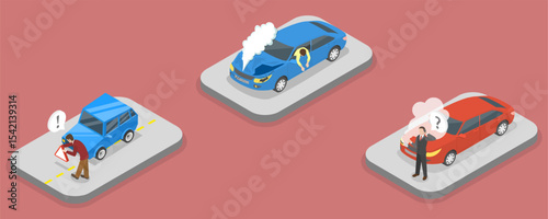3D Isometric Flat Vector Illustration of Car Crash, Depicting Concept Of Road Accident
