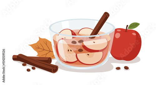 Apple compote, autumn-inspired, with cinnamon stick, whole apple, and leaves