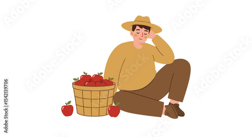 Farmer resting next to basket of red apples with transparent background
