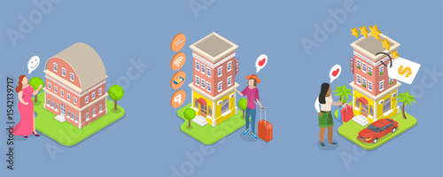 3D Isometric Flat Vector Illustration of Planning Trip, Journey or Tour, Holiday Accommodation