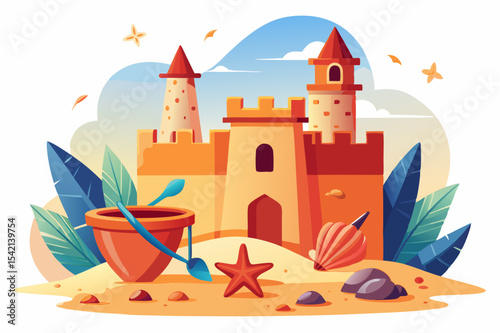 Sandcastle and Beach Toys – Flat Vector Illustration