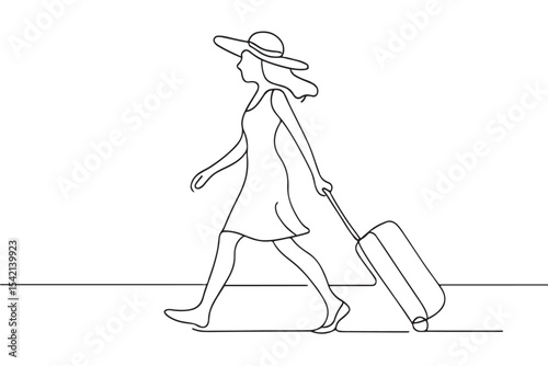 Line art of a woman with a hat walking confidently with a suitcase, representing the spirit of travel in a minimalist design.