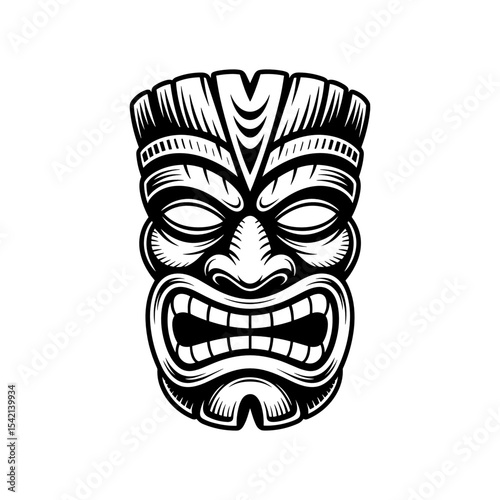 Tiki mask illustration : A detailed illustration of a traditional Tiki mask, showcasing intricate wood carvings, bold features, and a representation of Polynesian culture.