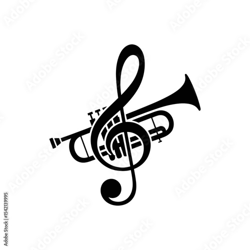 Trumpet and Treble Clef: A stylized graphic design featuring a trumpet superimposed on a treble clef, symbolizing music, melody, and musical instruments.