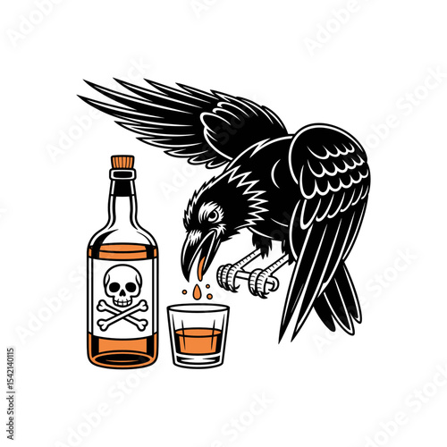 Raven and Poison: An illustration of a raven with a poison bottle and a glass cup. The raven seems to be drinking from a glass of poison near a skull with crossbones on a bottle.