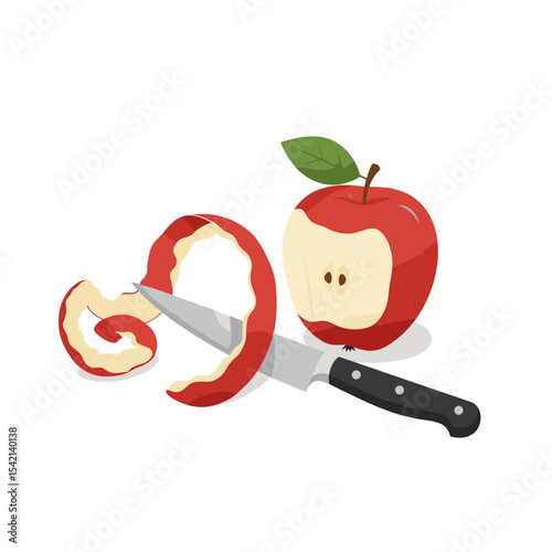 Red apple with a knife and peel on a white background with copy space