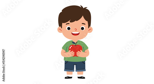 Happy boy holding a red apple, smiling joyfully, in casual attire