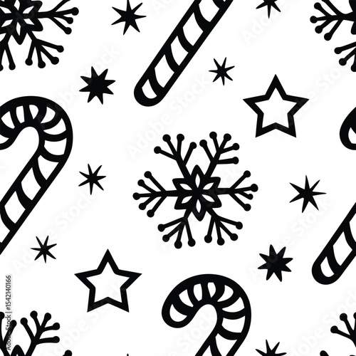 Festive Black and White Christmas Pattern with Candy Canes Stars and Snowflakes