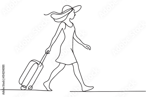 Simple line drawing of a woman carrying luggage, dressed in a summer dress, exuding a sense of adventure and wanderlust.