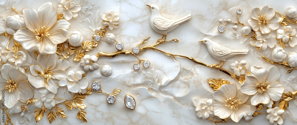 Elegant 3D Floral Wallpaper in White and Gold with Exotic Birds, Golden Blooms, and Jewelry Accents Elegant 3D Floral Wallpaper in White and Gold with Exotic Birds, Golden Blooms, and Jewelry Accents