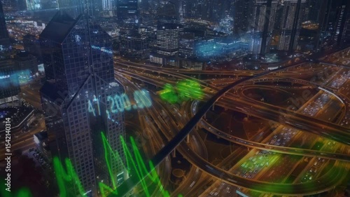 image of data processing over cityscape. global business, digital interface, connections and digital interface concept digitally generated image.