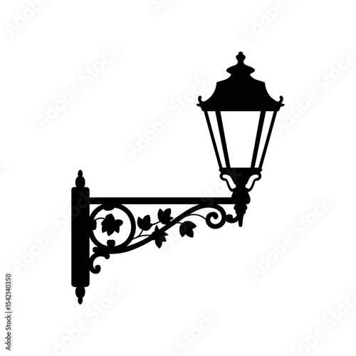 Ornate Wall-Mounted Lantern: Elegant silhouette of a vintage wall-mounted lantern with ornate scrollwork and leaf details. Perfect for design projects needing a touch of old-world charm.