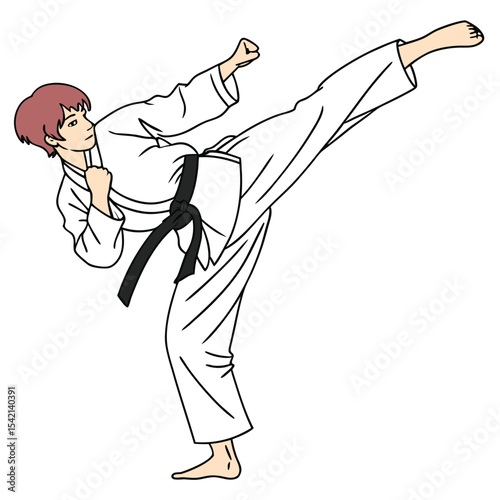Karate fighter performing a kick in martial arts cartoon illustration