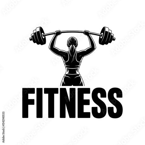 Fitness logo with woman weightlifting: A bold and stylish logo featuring a strong woman weightlifter, her back muscles defined as she confidently lifts a barbell overhead, symbolizing fitness