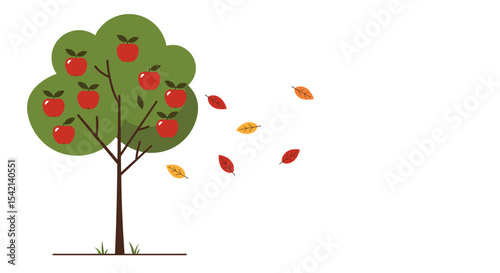 Apple tree with red apples and falling leaves on a white background with copy space
