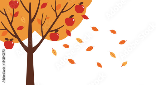 Apple tree with red apples and autumn leaves on a white background with copy space

