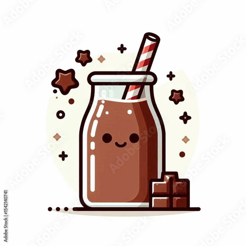 Cartoonstyle chocolate milk in a jar with a straw and chocolate squares
