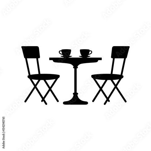 Cafe Silhouette: A stark silhouette of a quaint outdoor cafe scene, with a round table, two chairs, and a pair of coffee cups, evoking a sense of solitude and tranquility. 