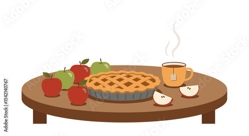 Delicious apple pie with red and green apples and cup of tea on table with transparent background