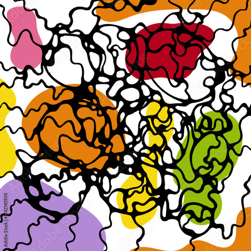 Hand-drawn abstract art in neurographic style, featuring black lines over colorful organic shapes on white background. Vector art