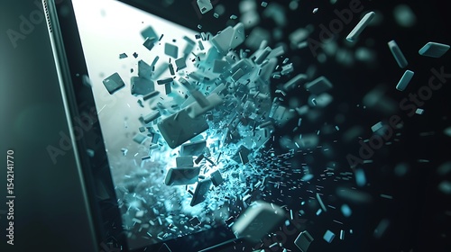 Digital fragmentation explodes from a tablet screen.