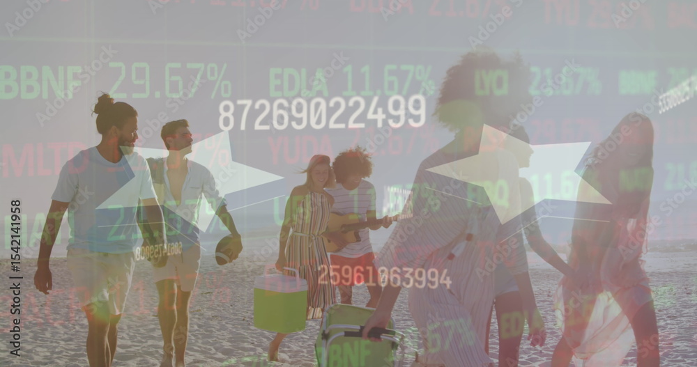 Obraz premium Walking friends carrying coolers and guitar on sandy beach at sunset, with financial overlays