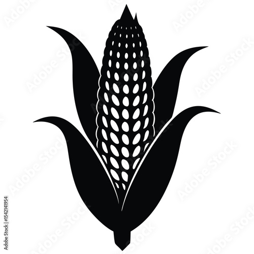 Black and White Silhouette of a Single Ear of Sweet Corn with Husk and Leaves maize kernel