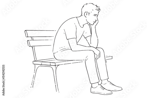 Line art drawing of a man sitting on a bench, looking deep in thought, capturing a moment of introspection and solitude.