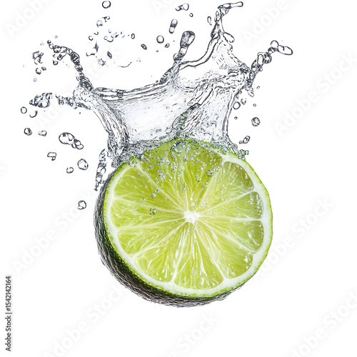 lime and water splash, bright green lime slice hits the water, isolated on transparent background