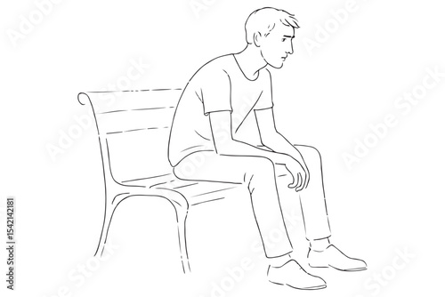 Minimalist sketch of a man sitting on a bench, with a pensive expression, reflecting a sense of sadness or contemplation.