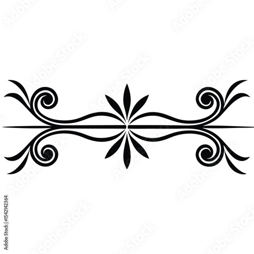 Two Black Decorative Divider Lines Featuring Swirls and a Central Floral Motif on White Background Set of Two Elegant Black and White Line Art Design