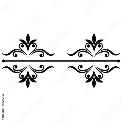 Two identical black decorative divider lines featuring symmetrical floral motifs swirls and dots on a white background elegant design elements for