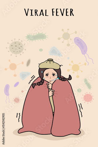 Woman with High Fever and Pathogens Around – Medical Vector for Flu, Cold, or Viral Infection Concepts