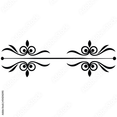 Two Symmetrical Black Decorative Divider Lines with Floral Swirls and Circular Elements on White Background