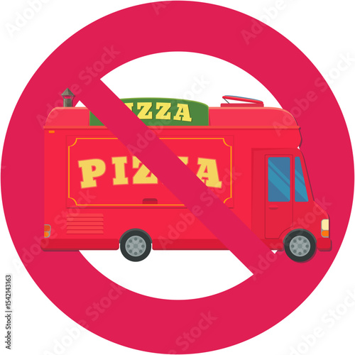Pizza food truck with a circular red strikethrough prohibition symbol in flat design style (cut out)