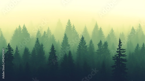 Misty Forest Landscape with Evergreen Trees Silhouette in Foggy Scenery, Nature Background