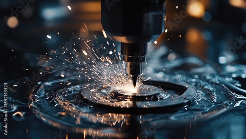 Precision machining.  Sparks fly from a drill bit,  water splashes around a metal disc.  Industrial.  Close-up