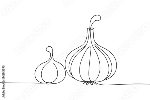 Line art drawing of two garlic cloves with delicate lines, highlighting the natural shape and beauty of the vegetable.