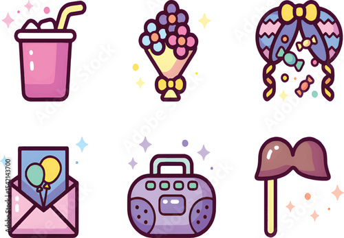 Birthday icon set including party hats, confetti, cupcakes, and banners for cheerful design and decoration projects.