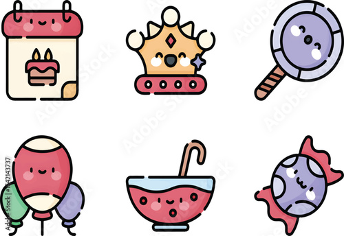 Birthday icon collection featuring cakes, balloons, gifts, candles, and party elements in vector style.