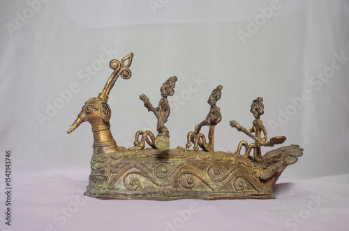 Handcrafted Dhokra Brass Tribal Boat Sculpture with Rowers