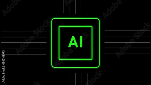 AI computing neon animation with glowing CPU icon and machine learning acceleration. Dynamic motion graphic on black background with alpha channel. Ideal for tech, data, and AI visuals.