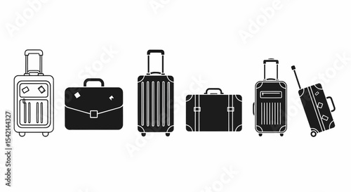 This high-quality vector image features eight minimalist luggage icons, including suitcases, briefcases, and ribbed designs, in both outline and solid black, all with fine details.