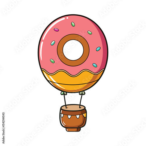 Cartoon Donut Hot Air Balloon Illustration: Whimsical Flight with Sweet Treat, Isolated on White Background for Children's Designs and Fun Projects