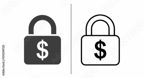 This high-quality vector image features two minimalist padlock icons with a dollar sign. One is a solid dark gray silhouette, the other a black outline, both with fine details.