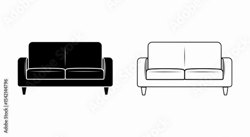This high-quality vector image features two minimalist sofa icons: a solid black silhouette and a black outline, both with straight backrest, armrests, and cushions, all with fine details.