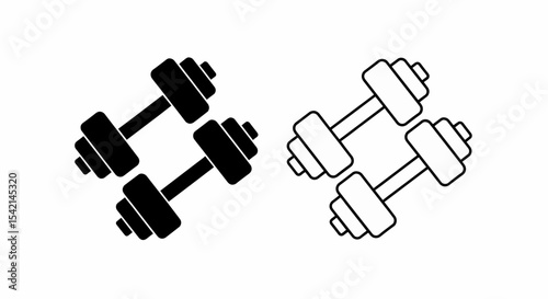 This high-quality vector image features two minimalist dumbbell icons: a solid black silhouette and a black outline, both with a central bar and two weights, all with fine details.
