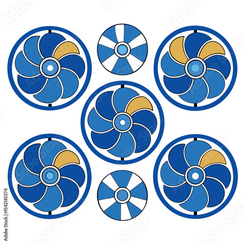 Six electric fan arranged isolated on white background